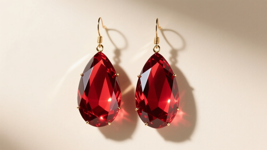 Carved cherry-red Lucite drop earrings from the 1950s on cream background, revealing internal light refraction and high-gloss polish.