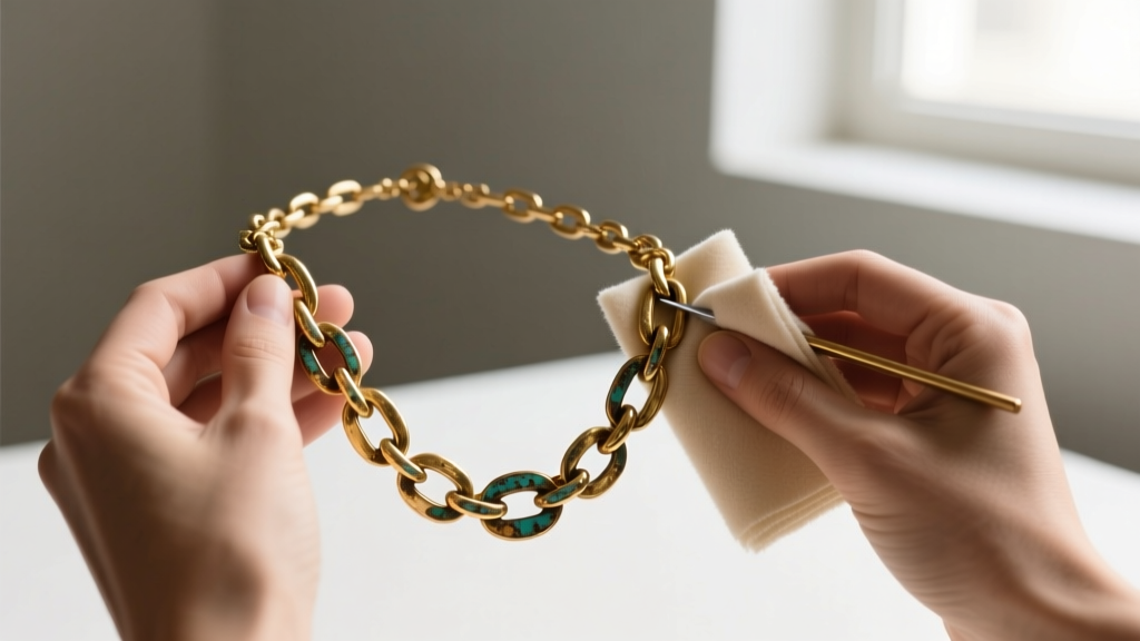 Jeweler using a microfiber polishing cloth to gently buff tarnished gold-plated links on a vintage fashion chain necklace
