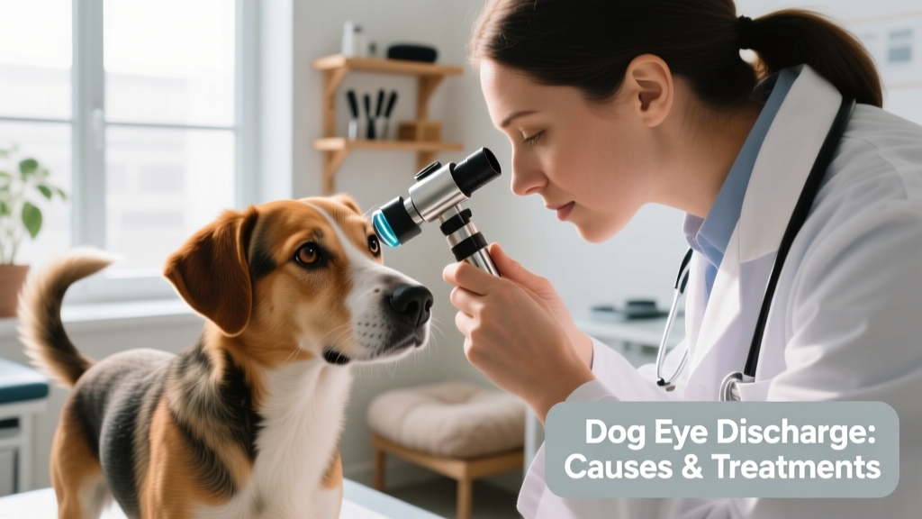 Veterinarian gently examining a dog's eye with an ophthalmoscope during a clinical exam