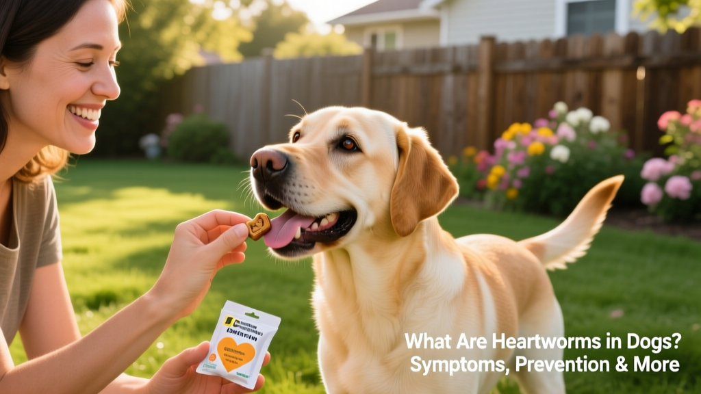 Dog owner giving monthly chewable heartworm preventive to happy, healthy dog outdoors