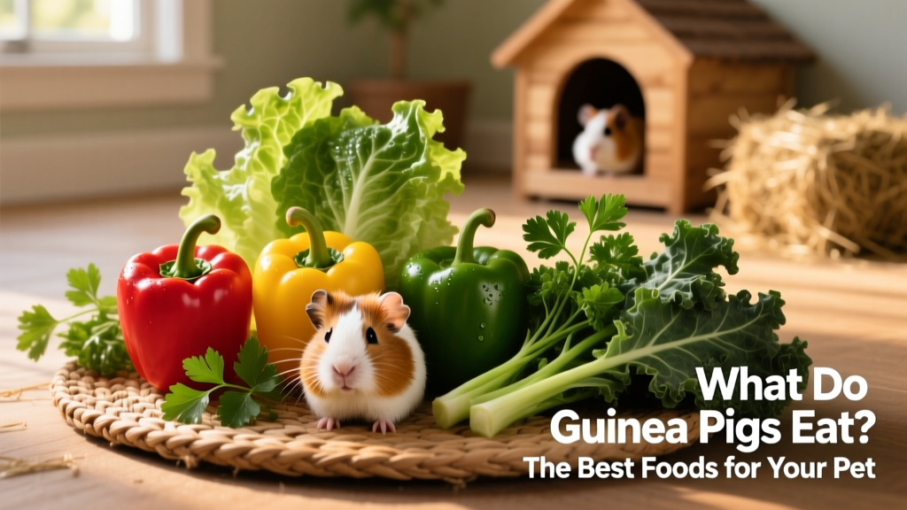 Assortment of safe vegetables for guinea pigs: bell peppers, romaine lettuce, parsley, and kale arranged on a feeding mat