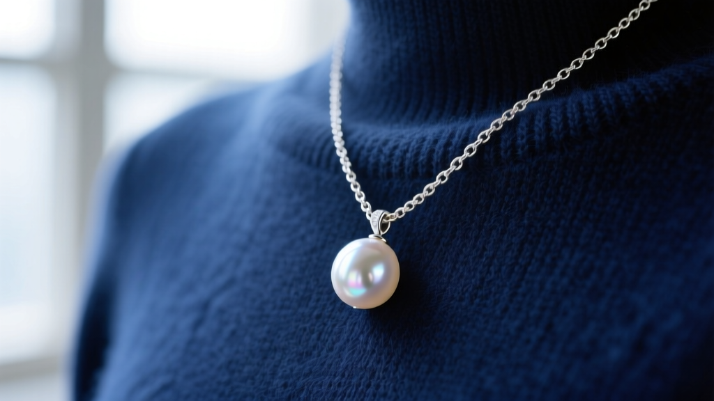 Close-up of a 7mm AAA Akoya pearl pendant on a fine 14k white gold rolo chain, resting on a navy blue cashmere sweater fabric.