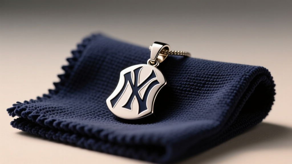 Macro shot of a stainless steel Yankees NY pendant resting on a navy microfiber cleaning cloth under soft, warm studio lighting.