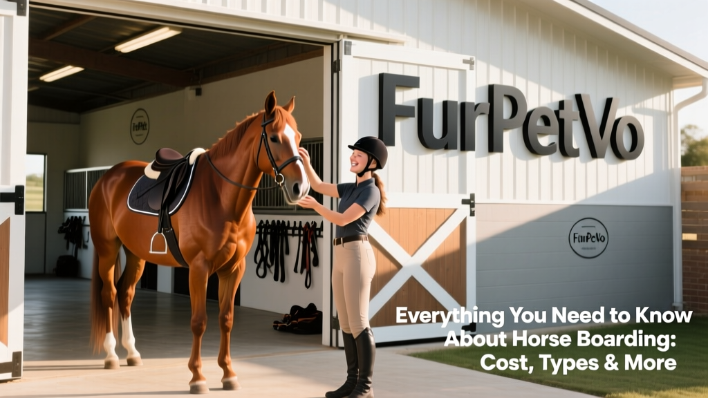 A happy rider grooming their horse beside a bright, modern barn entrance with FurPetVo signage