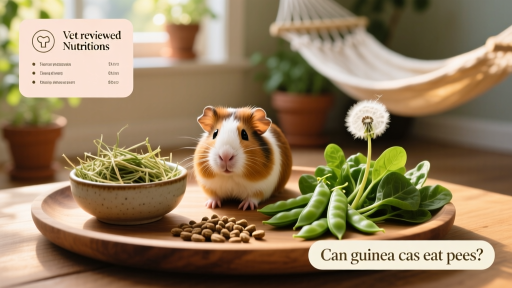 A balanced guinea pig meal: Timothy hay, a few sugar snap peas, dandelion greens, and a small pellet scoop
