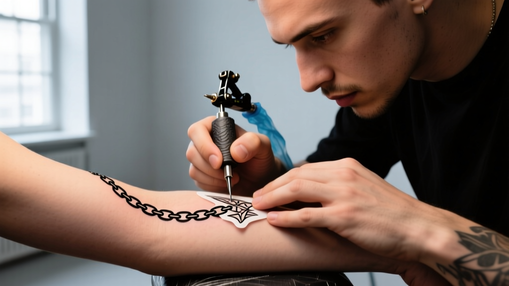 A tattoo artist using a single-needle setup to stencil a 1.2mm cable chain design across a client's shoulder and chest area