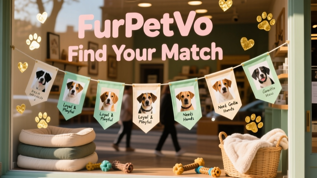A FurPetVo store window display featuring adoption banners, heart-shaped paw prints, and a 'Find Your Match' sign