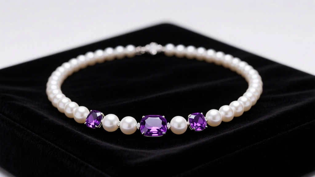 A pearl and amethyst necklace on dark velvet, showcasing deep purple gems and lustrous white pearls under soft studio lighting.