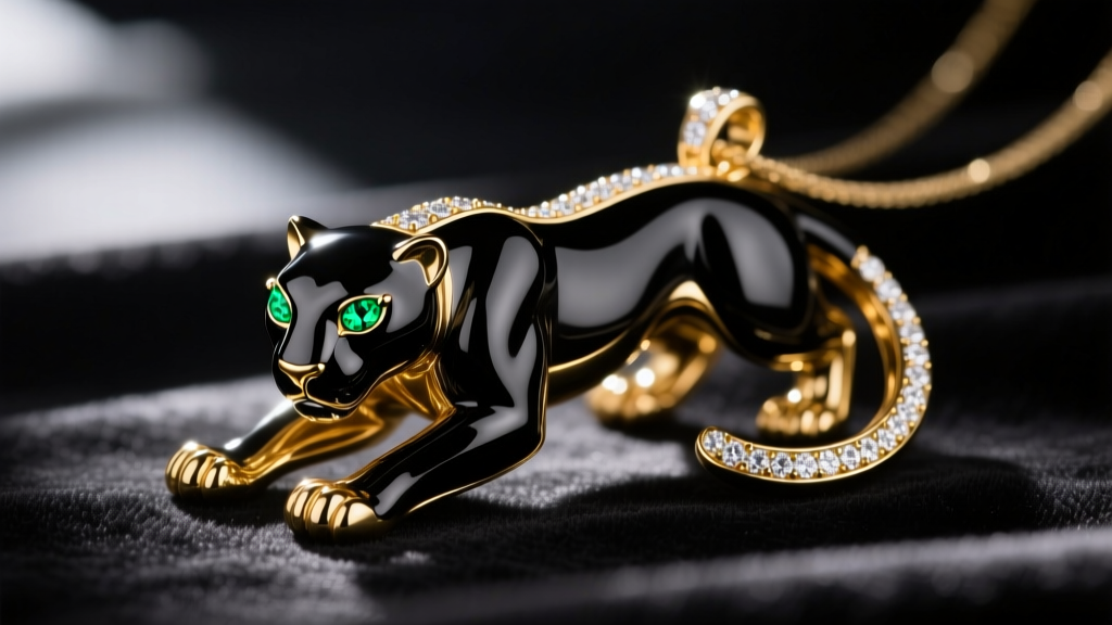 Close-up of a custom 18k gold black panther pendant with VVS diamond pavé and tsavorite eyes resting on dark velvet