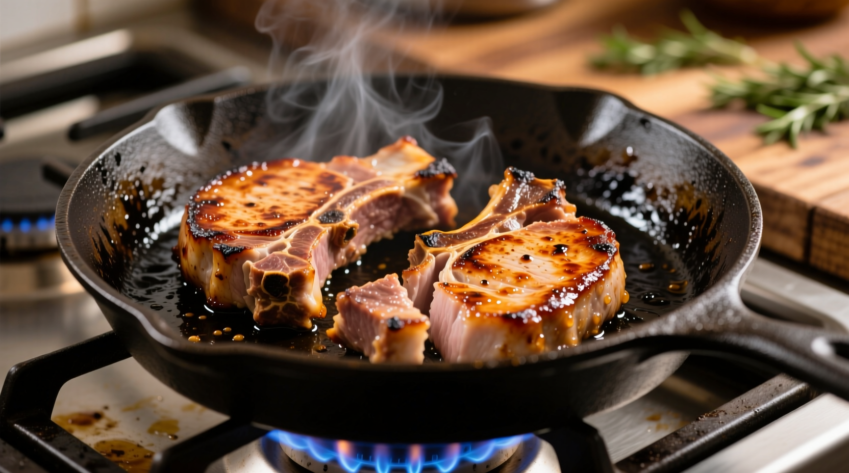 Searing pork chops in cast iron skillet