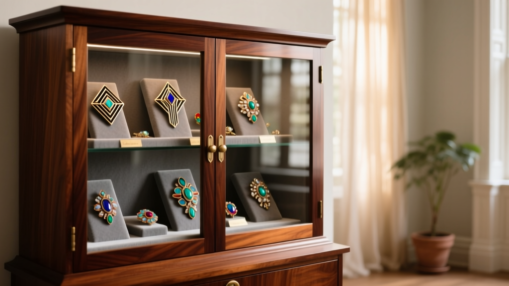 Archival mahogany jewelry cabinet with UV glass showing vintage Art Deco brooches on acid-free gray velvet in a softly lit room.