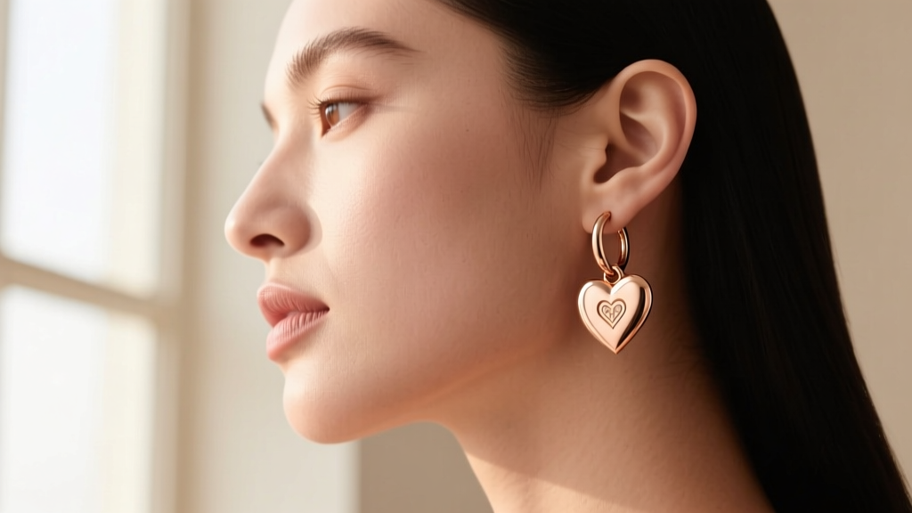 Side profile of a model wearing a 14k rose gold heart huggie hoop, showing how the drop length aligns perfectly with the jawline.