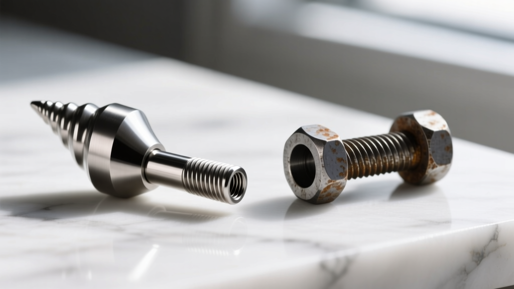 Macro shot of smooth internal threading on a titanium conch barbell beside rough external threading on a budget steel stud