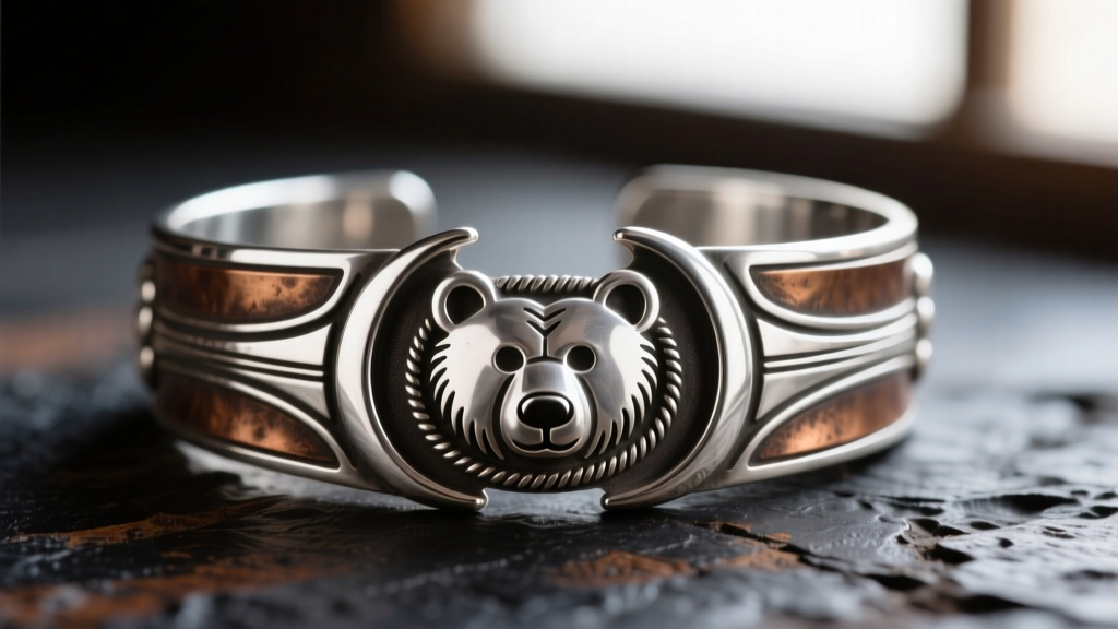 Macro shot of a Hopi sterling silver overlay bracelet featuring a bear claw motif with deeply oxidized background textures