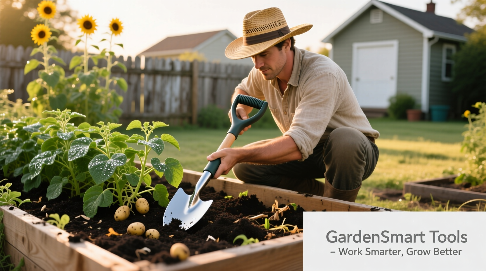 Gardener using ergonomic potato digger in raised bed