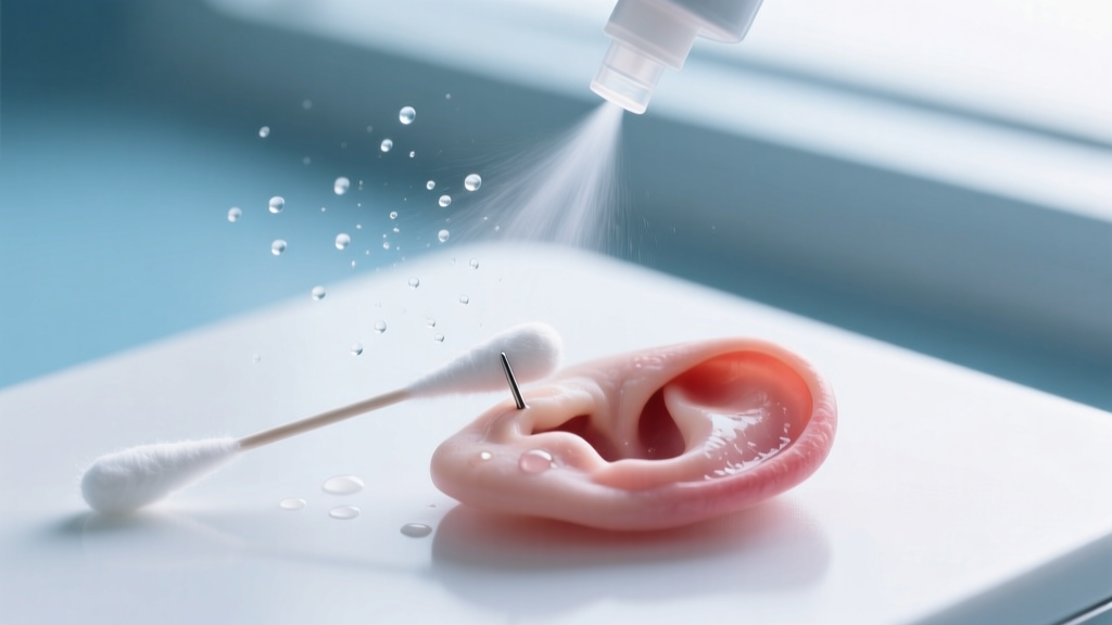 Top-down view of sterile sodium chloride wound wash being sprayed onto a cotton swab near a freshly pierced ear cartilage area