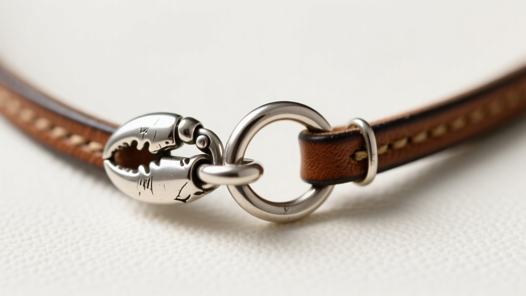 Macro shot of a repaired 5mm sterling silver lobster clasp and 20-gauge jump ring on a Coach necklace under soft studio lighting.