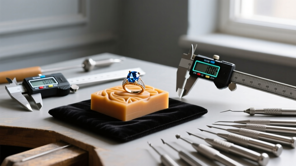 Jeweler workbench displaying a hand-carved wax mold for a sapphire ring, surrounded by precision digital calipers and setting burs