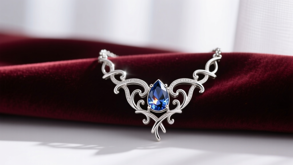 Silver Evenstar pendant on velvet showing vine filigree and a central teardrop gem under soft diffused studio lighting setup.