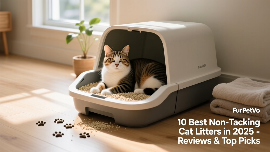 Cat comfortably using a litter box filled with FurPetVo litter, with clean flooring visible just outside the box