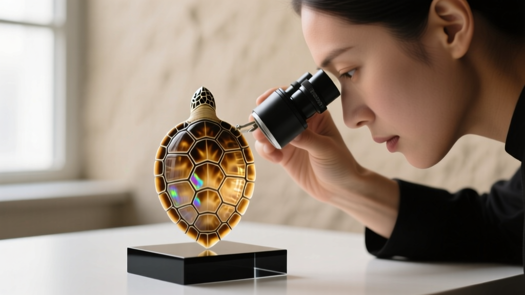 Jeweler using a microscope to examine overlapping keratin layers and pigment spots of a genuine hawksbill turtle shell pendant