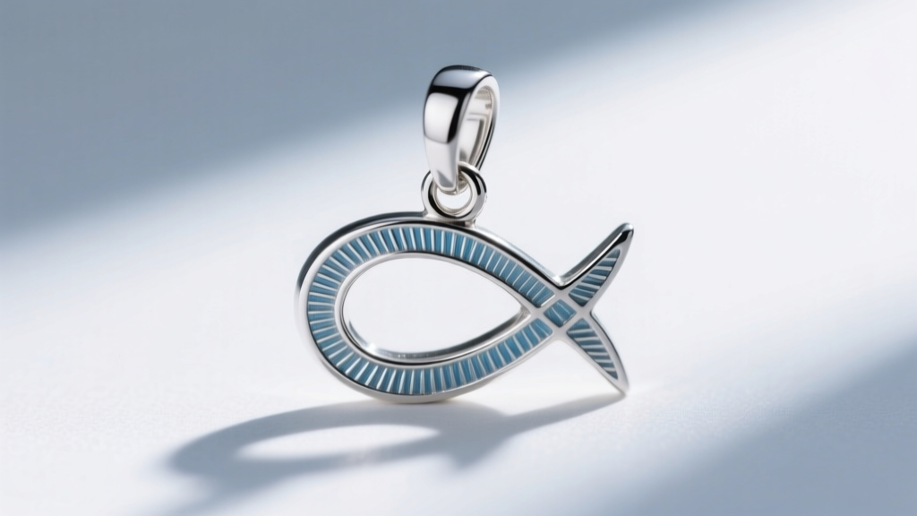 Macro shot of a rhodium-plated 925 sterling silver ichthys pendant showing brushed detailing and a secure soldered jump ring.