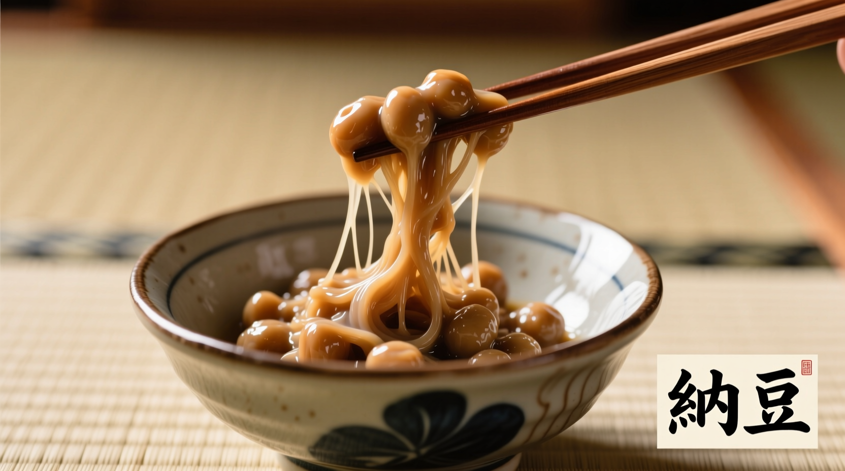 Natto with chopsticks showing its characteristic sticky strands