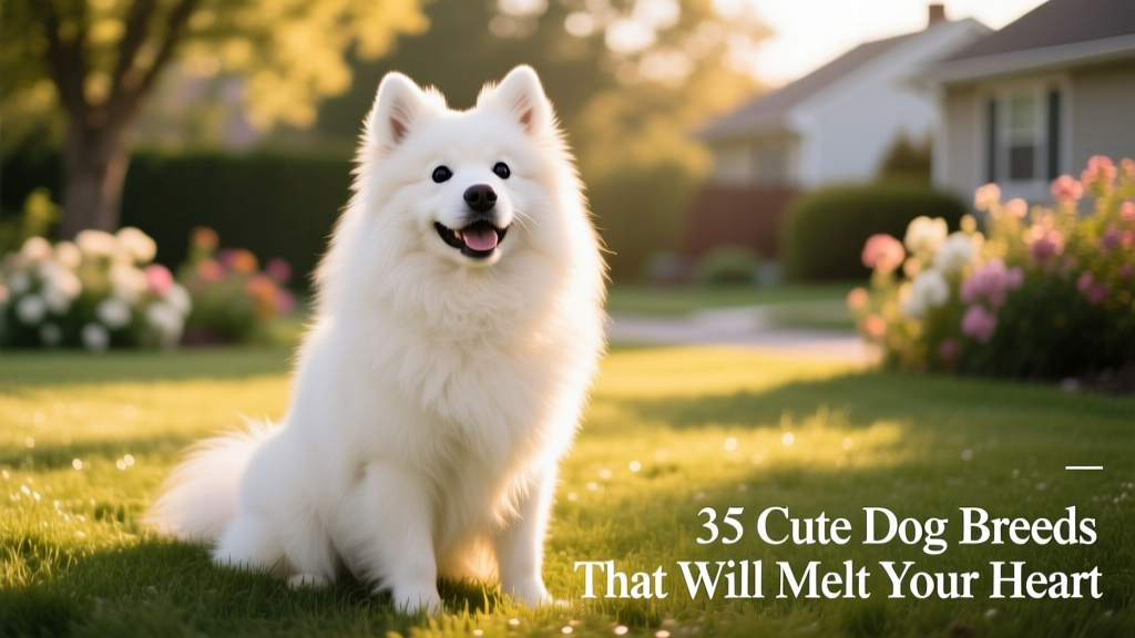 A joyful American Eskimo Dog with a fluffy white coat and expressive dark eyes, sitting on a sunlit grassy lawn