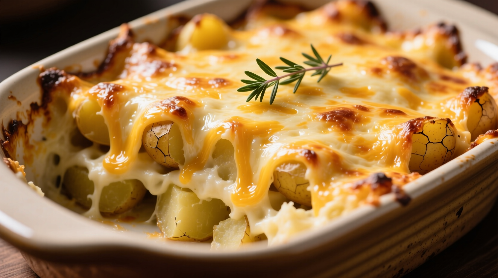 Golden potato casserole with melted cheese topping