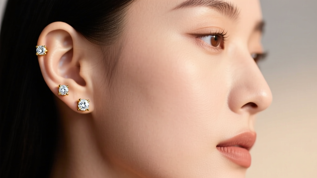 Close-up profile portrait of a woman showcasing three delicate 14k gold diamond studs ascending her lower earlobe in soft lighting