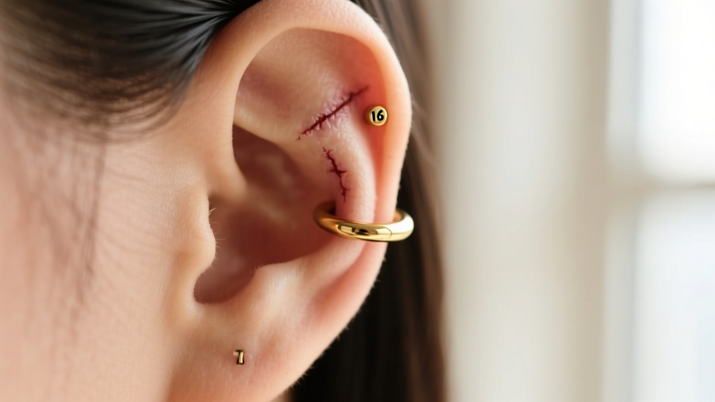 Close-up of a healed ear cartilage piercing wearing a 16-gauge gold helix hoop, showing a precise fit without pinching the tissue.