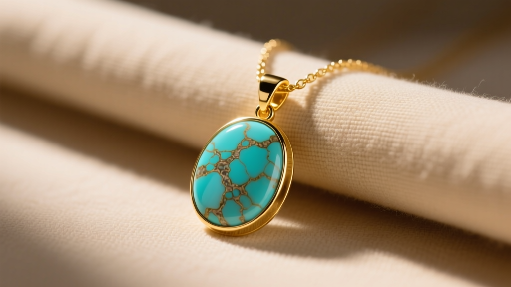 Gold-plated turquoise pendant necklace on a beige cloth under warm studio light, highlighting the natural stone matrix details.