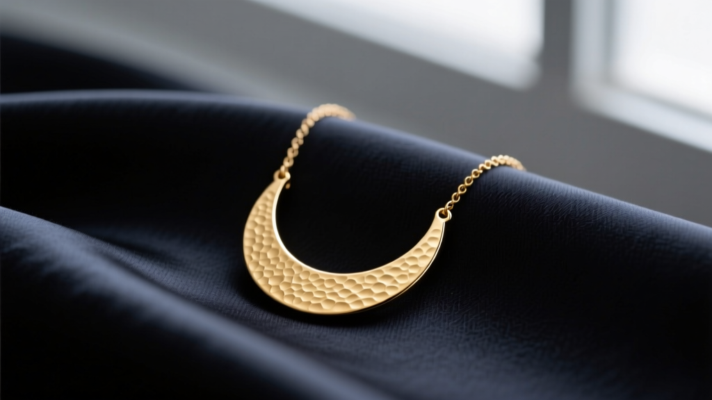 Macro shot of a 15mm matte 18k gold disk necklace on dark silk, soft light highlights subtle hammered texture marks on the metal.