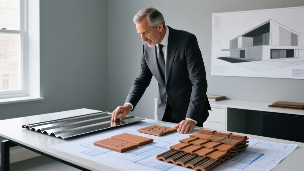 Architect reviewing material samples including standing seam metal, clay tiles, and architectural shingles on a blueprint-covered desk