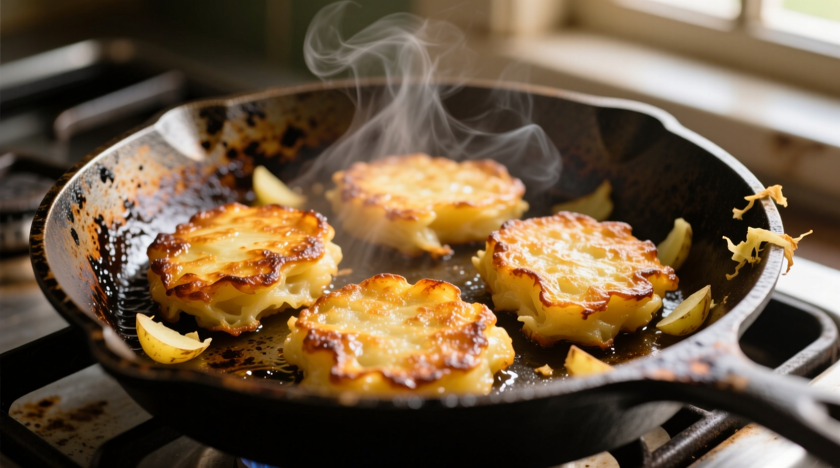 Crispy golden potato cakes on cast iron skillet