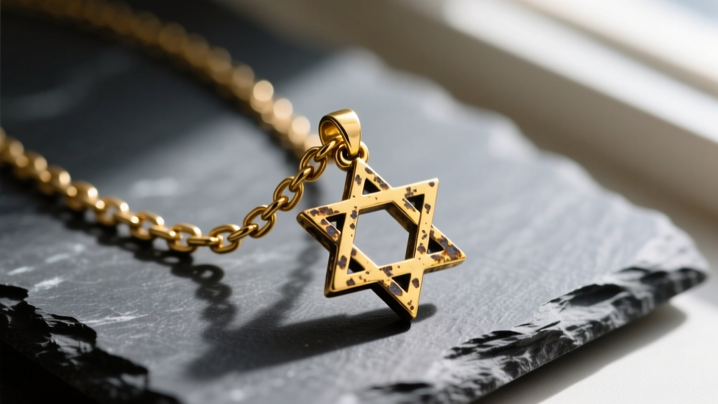 Close-up of a tarnished 14k yellow gold Star of David necklace resting on a dark slate surface, highlighting oxidized chain links.