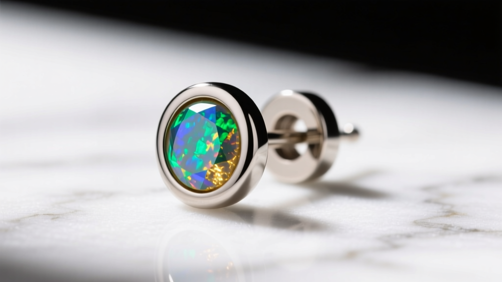 Close-up of 16-gauge titanium threadless flat back earring with bezel-set opal resting on a brightly lit white marble surface.
