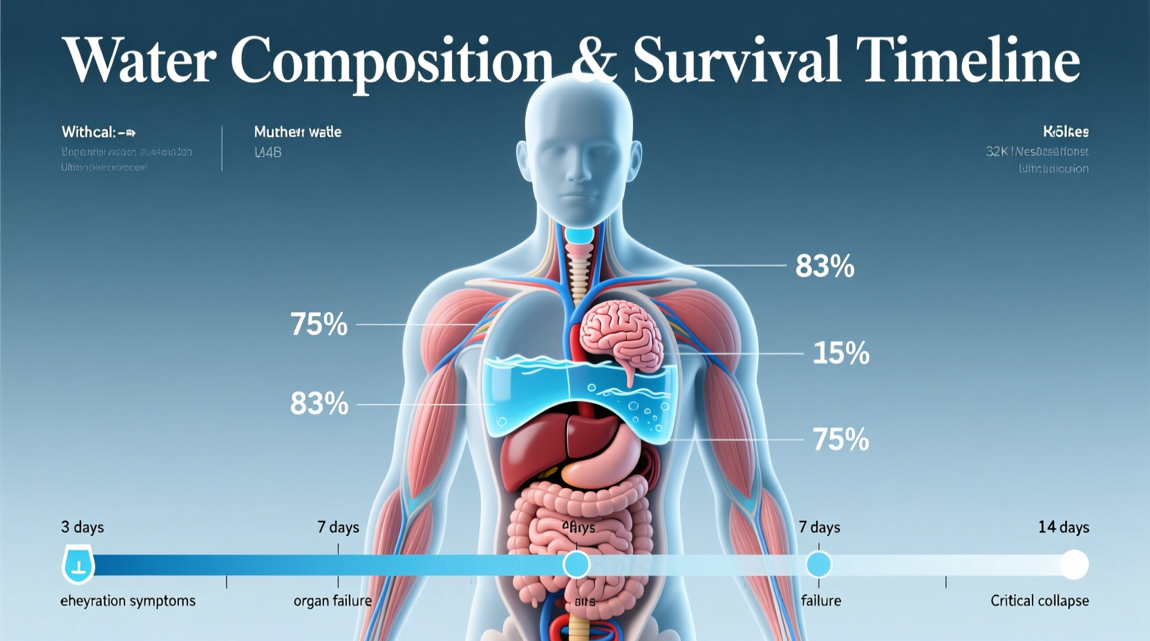 Human body water composition chart showing survival timeline