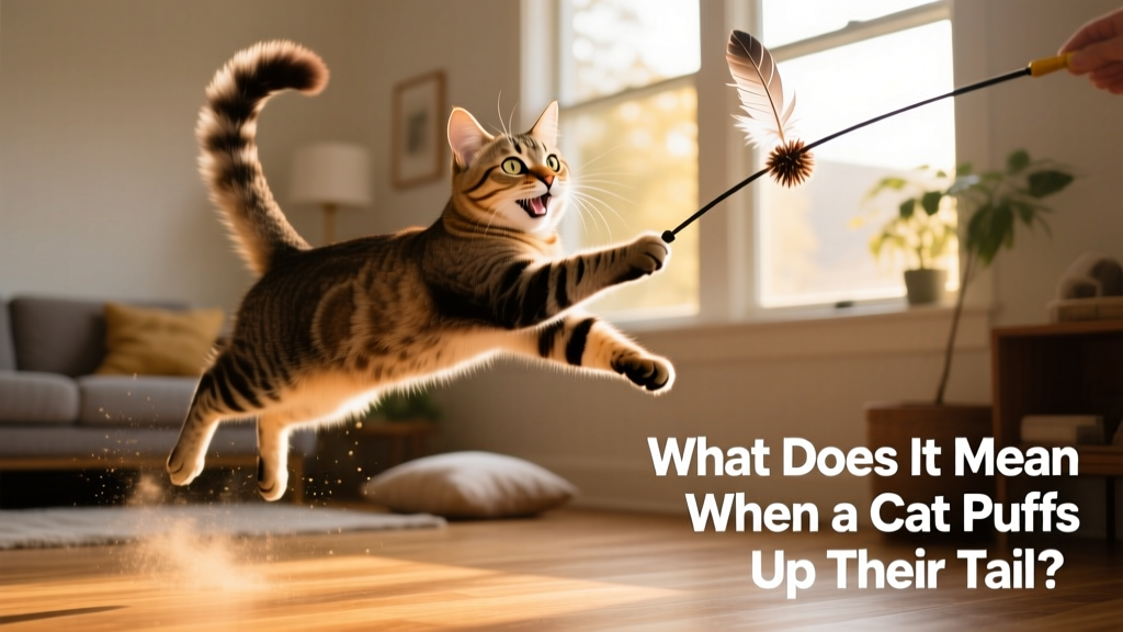 A joyful cat mid-play, tail puffed as it leaps toward a feather wand toy