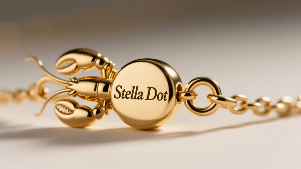 Macro shot of a gold-plated lobster clasp on a Stella Dot necklace, showing the signature logo bead and jump ring.