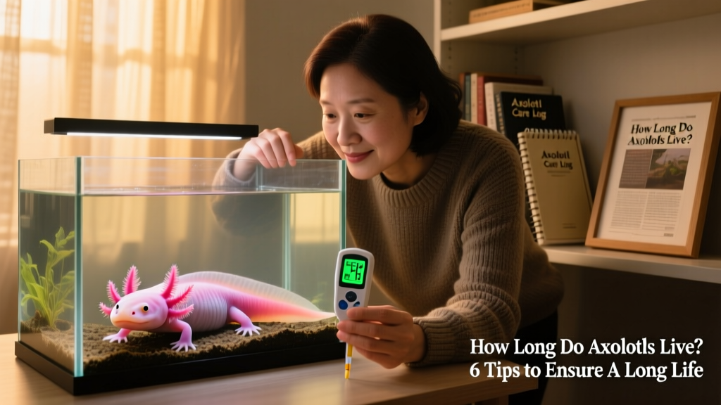 An axolotl owner gently observing their pet through the aquarium glass while checking water parameters with a test kit