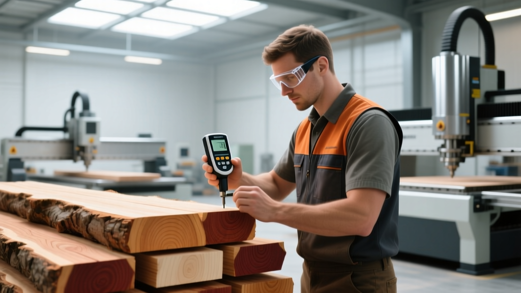CNC operator using a digital moisture meter on a stack of rough-sawn northern red oak before 5-axis milling