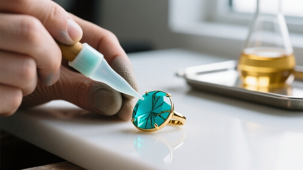 Macro shot of a jeweler applying silicone masking paste to protect a turquoise stone before dipping a ring in gold plating fluid.