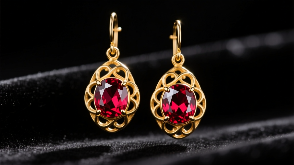 Macro shot of vintage 18k yellow gold and pigeon blood ruby drop earrings resting on dark velvet under dramatic studio lighting