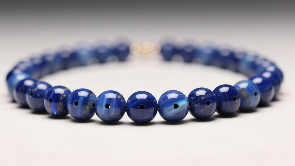 Close-up of a lapis stone necklace showing precise drilled holes and polished bead surfaces under bright, warm studio lighting