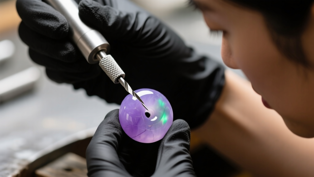Close-up of a jeweler using a diamond-coated reamer to smooth the sharp inner edges of a drilled lavender jadeite bead hole.