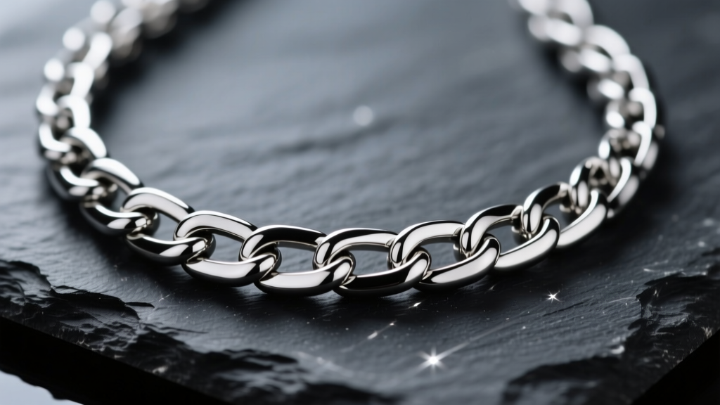 Macro photo of a polished 316L s.steel necklace chain on dark slate, highlighting laser-welded links and a bright mirror finish.