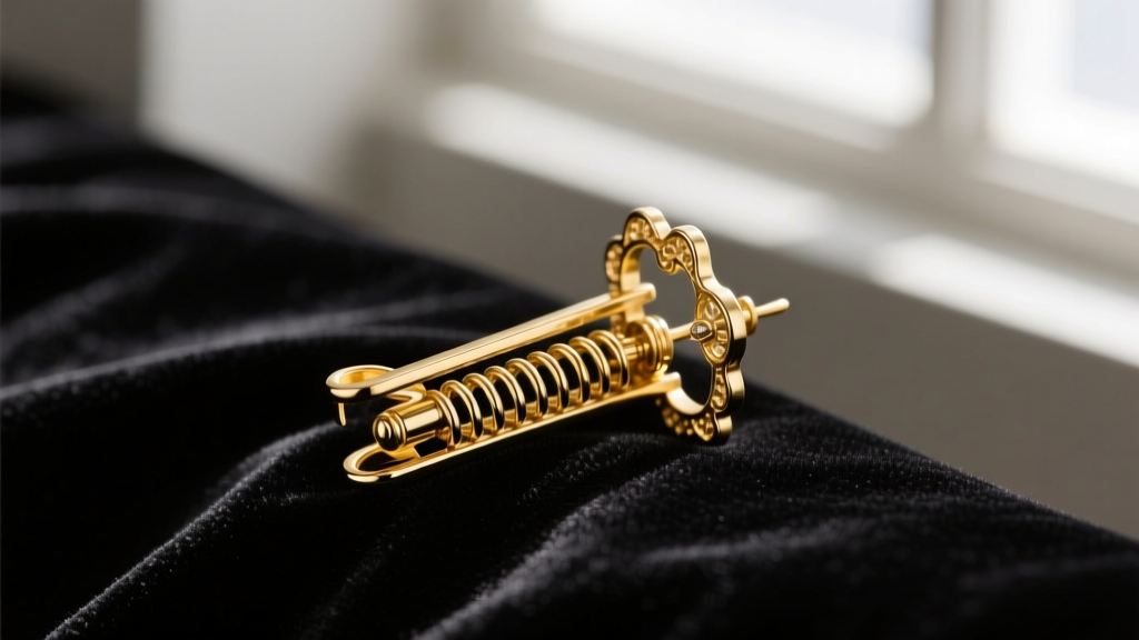 Close-up of an ornate gold-plated titanium clip on chandelier earring resting on dark velvet, highlighting the spring mechanism.