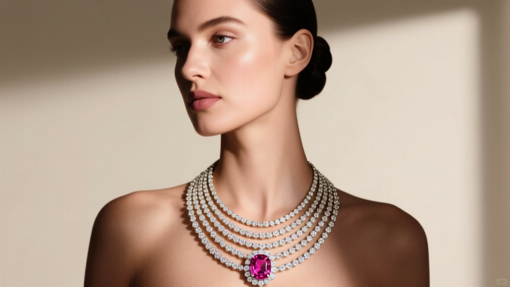 Model wearing layered 16 and 18-inch white gold necklaces, highlighting a bezel-set pink sapphire pendant and solitaire diamond.