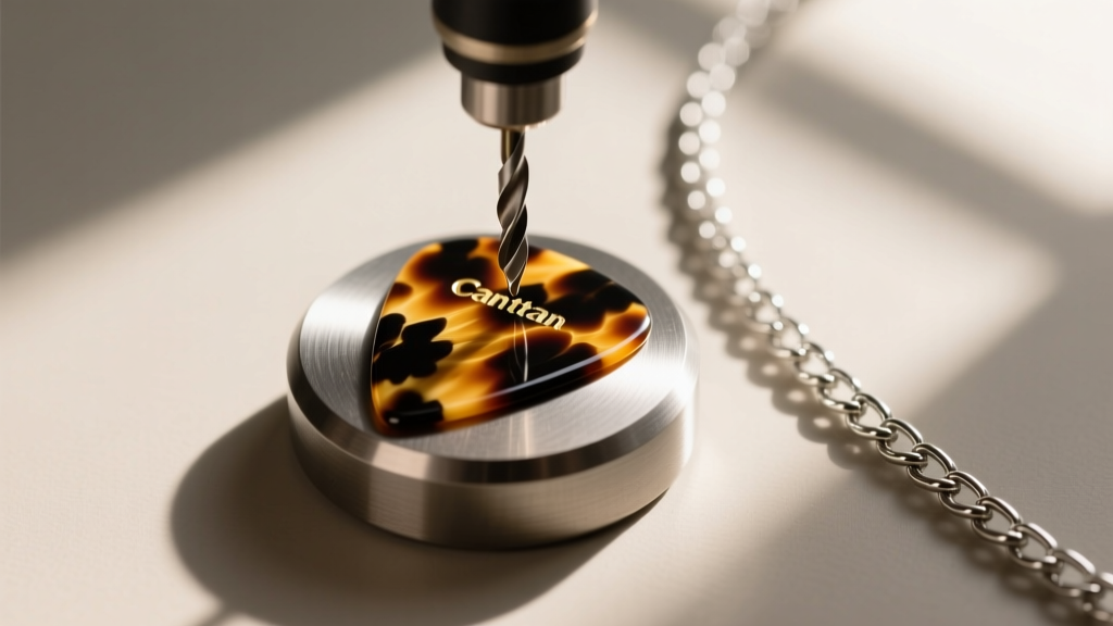 Flat lay of a tortoiseshell guitar pick being drilled on a jeweler bench pin with micro bits and a silver cable chain.